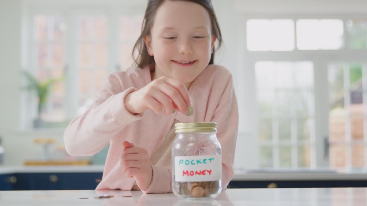 Girl Saving Money Into Jar Labelled Pocket Money On Kitchen Counter At Home