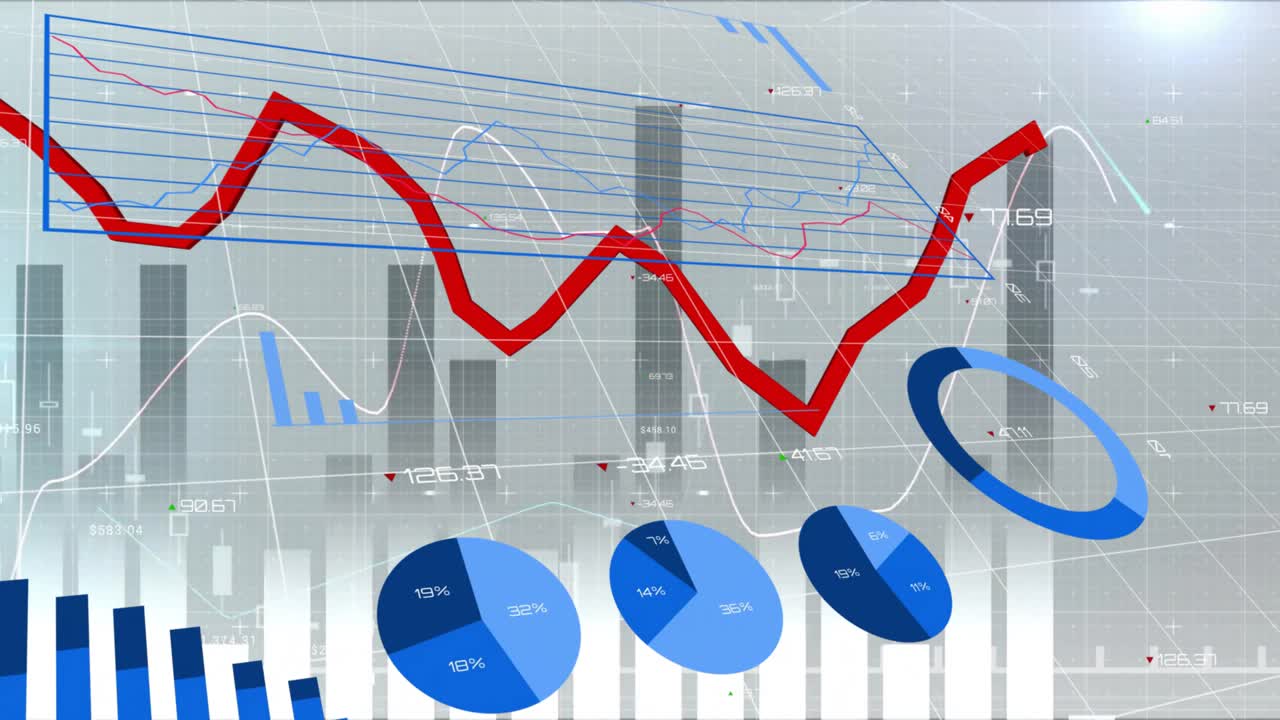 Animation of data processing over grid and white background