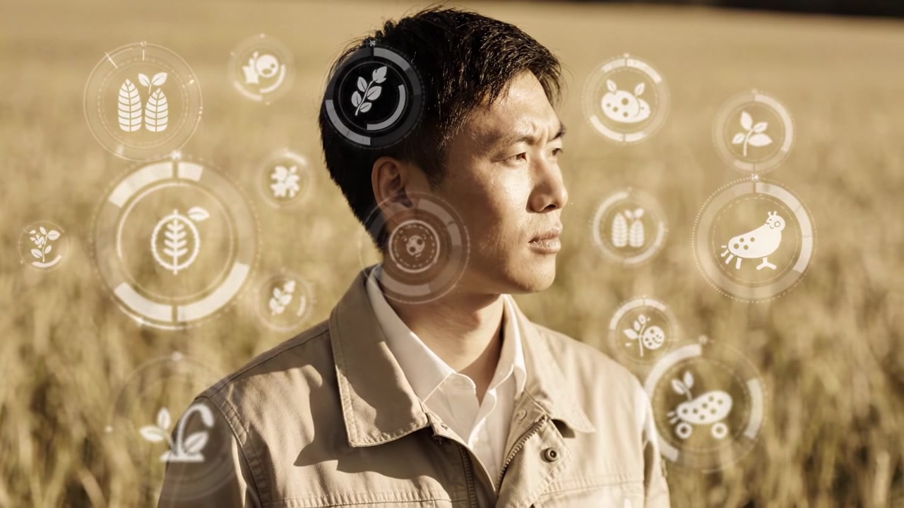 ชายหนุ่มครุ่นคิดในทุ่งนา สะท้อนถึงการเกษตรและความยั่งยืน: สัญลักษณ์แห่งธรรมชาติรายล้อมเขา แสดงถึงนวัตกรรมในการทำฟาร์มและการดูแลสิ่งแวดล้อม