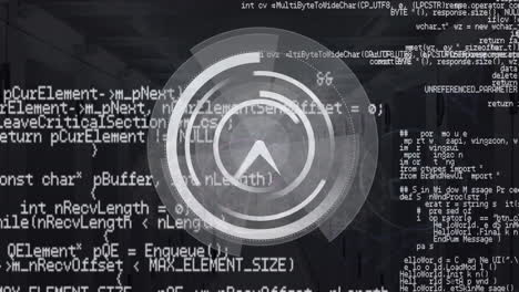 animación de lenguaje de computadora en bucle durante el reloj en círculos de carga contra la sala de servidores