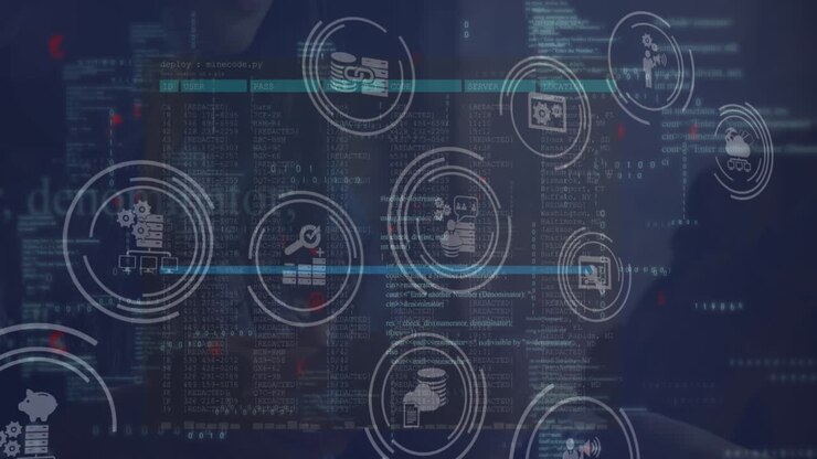 Animation of multiple digital icons and data processing against blue background