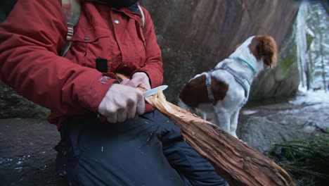 hombre cortando madera en un bosque sobre una montaña rocosa y un perro caminando en segundo plano