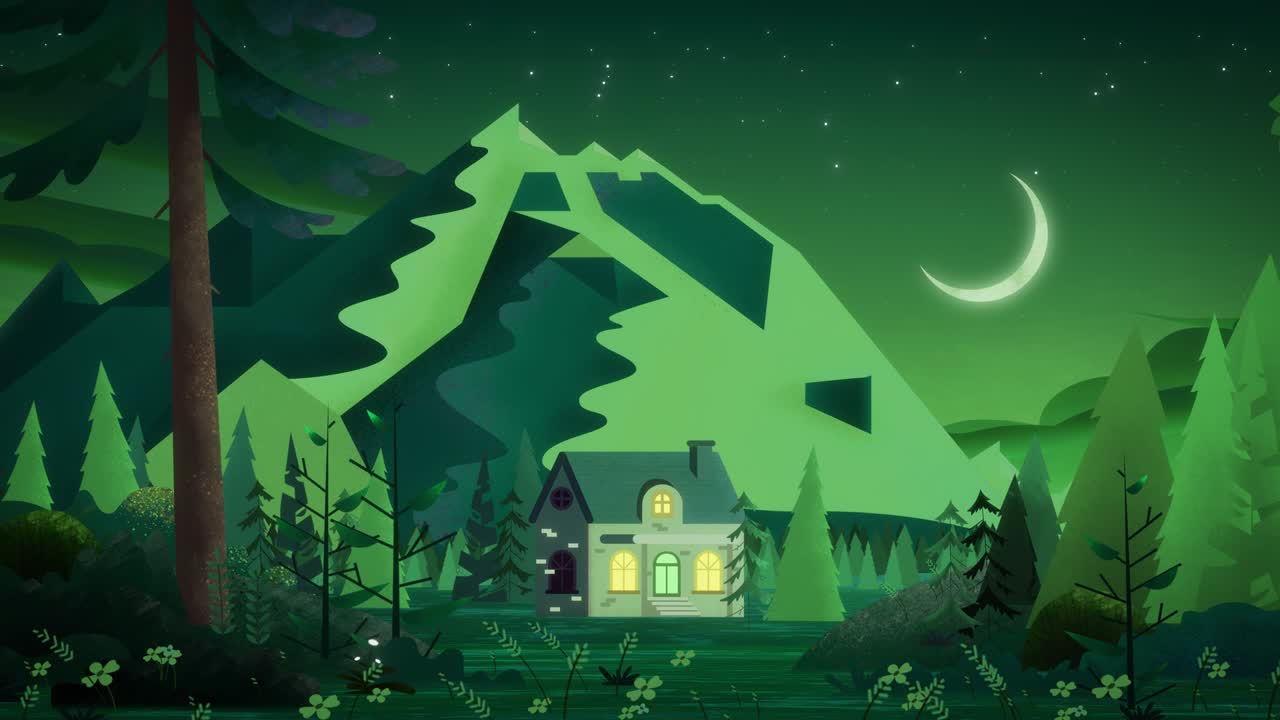 vista de una casa siniestra frente a una montaña en un bosque verde venenoso. las ventanas de la casa brillan con una luz mágica amarilla brillante.