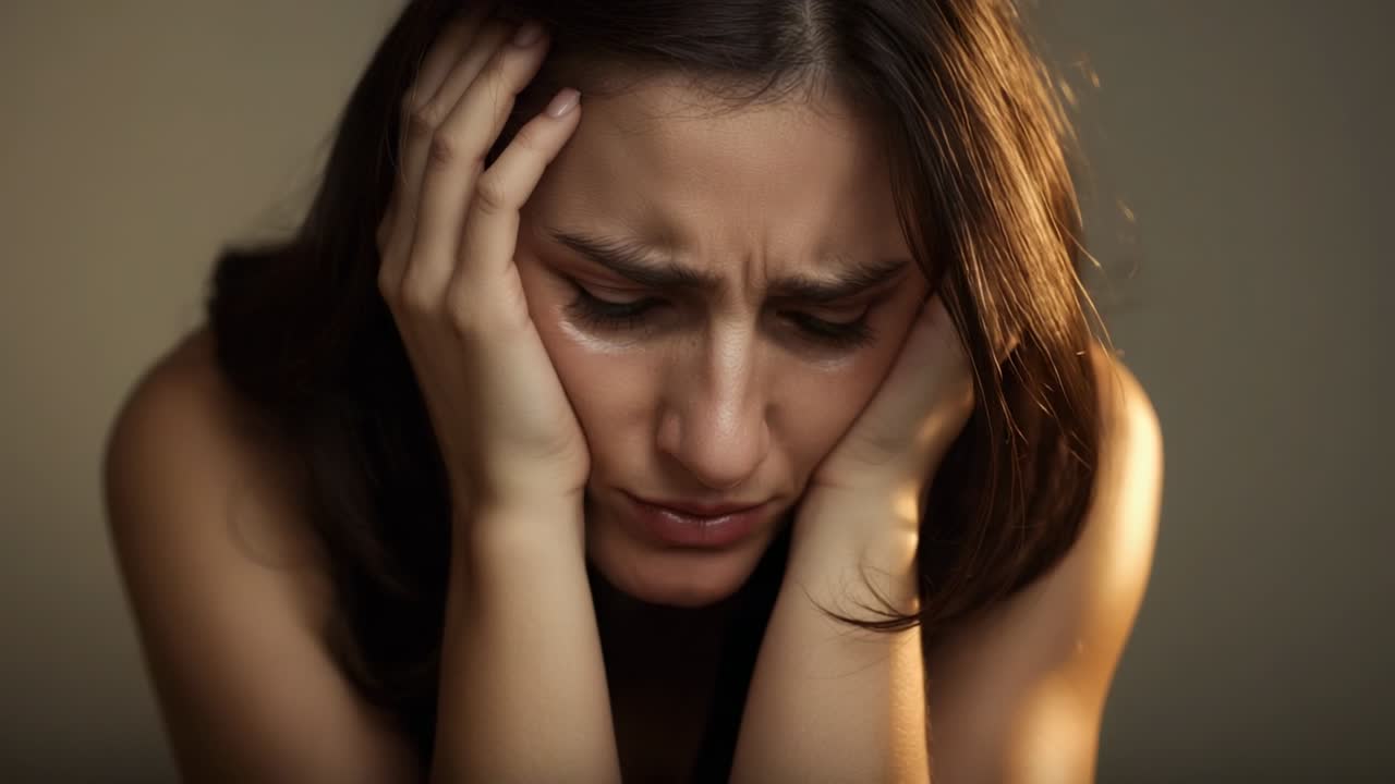 Camera starting woman holding back tears pressing temples in beige studio, with mounting distress