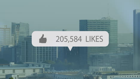 animation of social media icon and data processing over cityscape