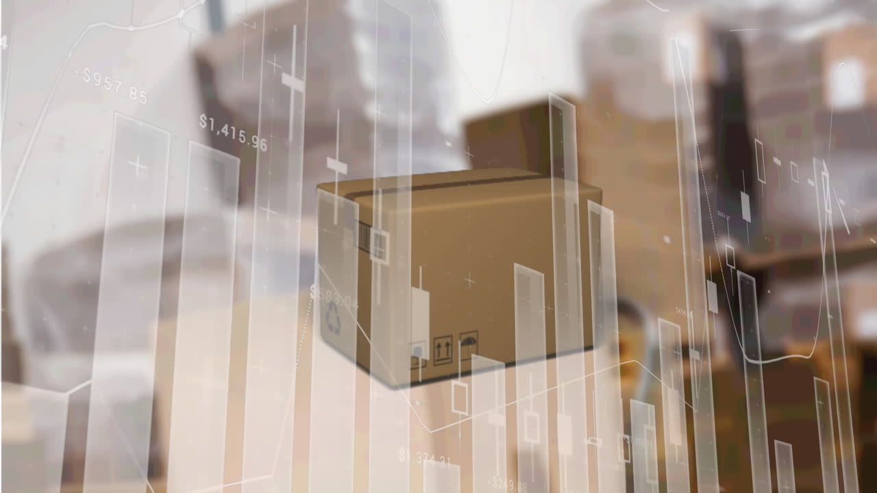 animación del procesamiento de paquetes y estadísticas en los estantes del almacén