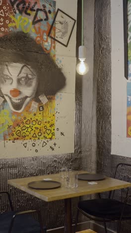 urban restaurant interior with eclectic graffiti art and dining table