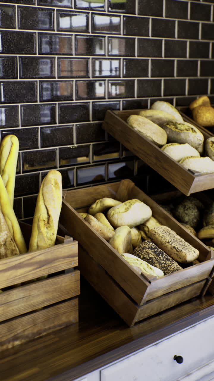 Freshly baked artisan breads displayed in rustic wooden crates at a cozy bakery