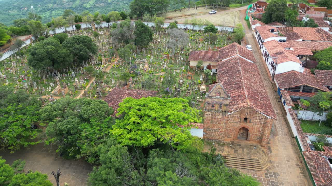 Aerial view of the historic cemetery in the picturesque Andean village of Barichara in the Santander Department of Colombia