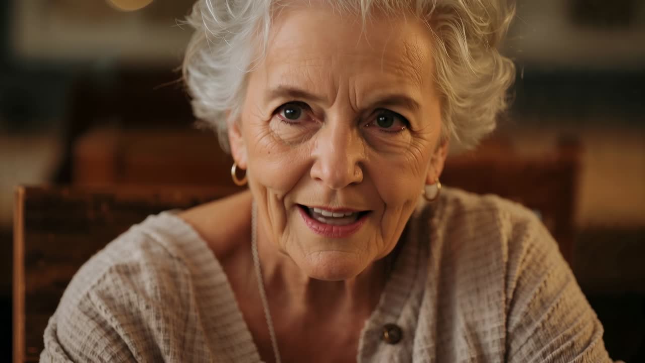 Raising gaze, senior woman answering offscreen question at home, wearing knit cardigan and pendant