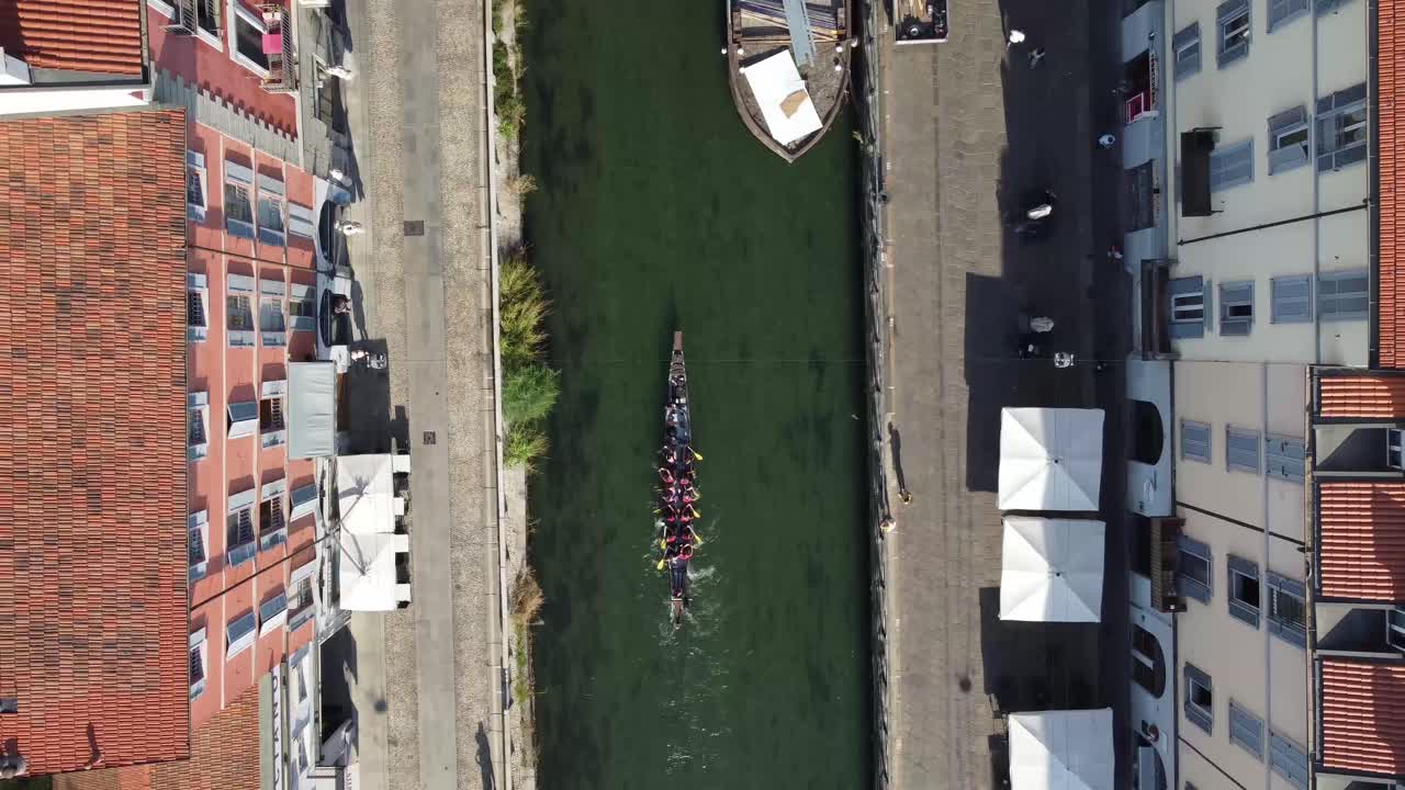 People rowing canoe in canal of Navigli in Milan city, top down view