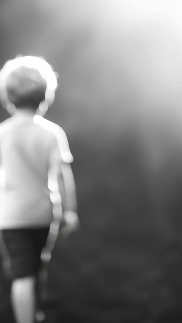 Child exploring light in a forest. A young child walks confidently towards a beam of light in a forest, surrounded by shadowy trees and nature.