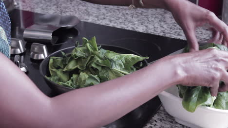 woman cooking spinach is a skillet