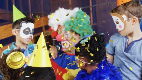 animation of confetti falling over clown and children having fun at party