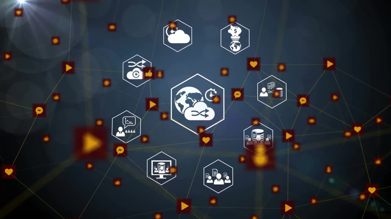 animación de iconos comerciales y red de conexiones a través de puntos