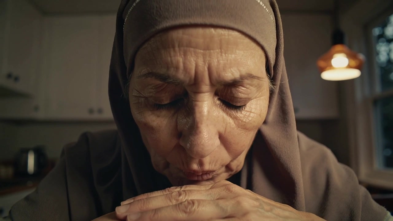 Iäkäs nainen ruskeassa hijabissa suutelee ristittyjä käsiään ja nostaa päätään keittiössä etsien lohtua.