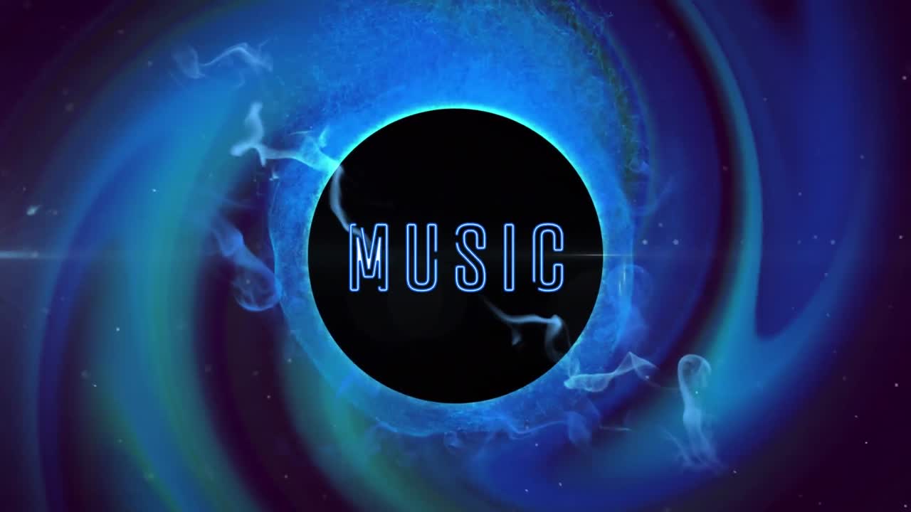 Animation of blue light swirl and smoke over music text on black background