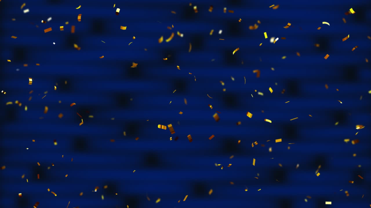 파란색 배경 위의 금색 콘페티 애니메이션, 축제 축제 장면을 만니다.