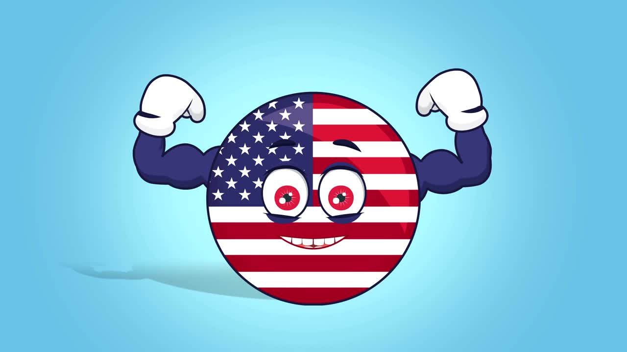 Tegneserie USA ikon flag Amerikas Forenede Stater stærke muskler med ansigtsanimation.