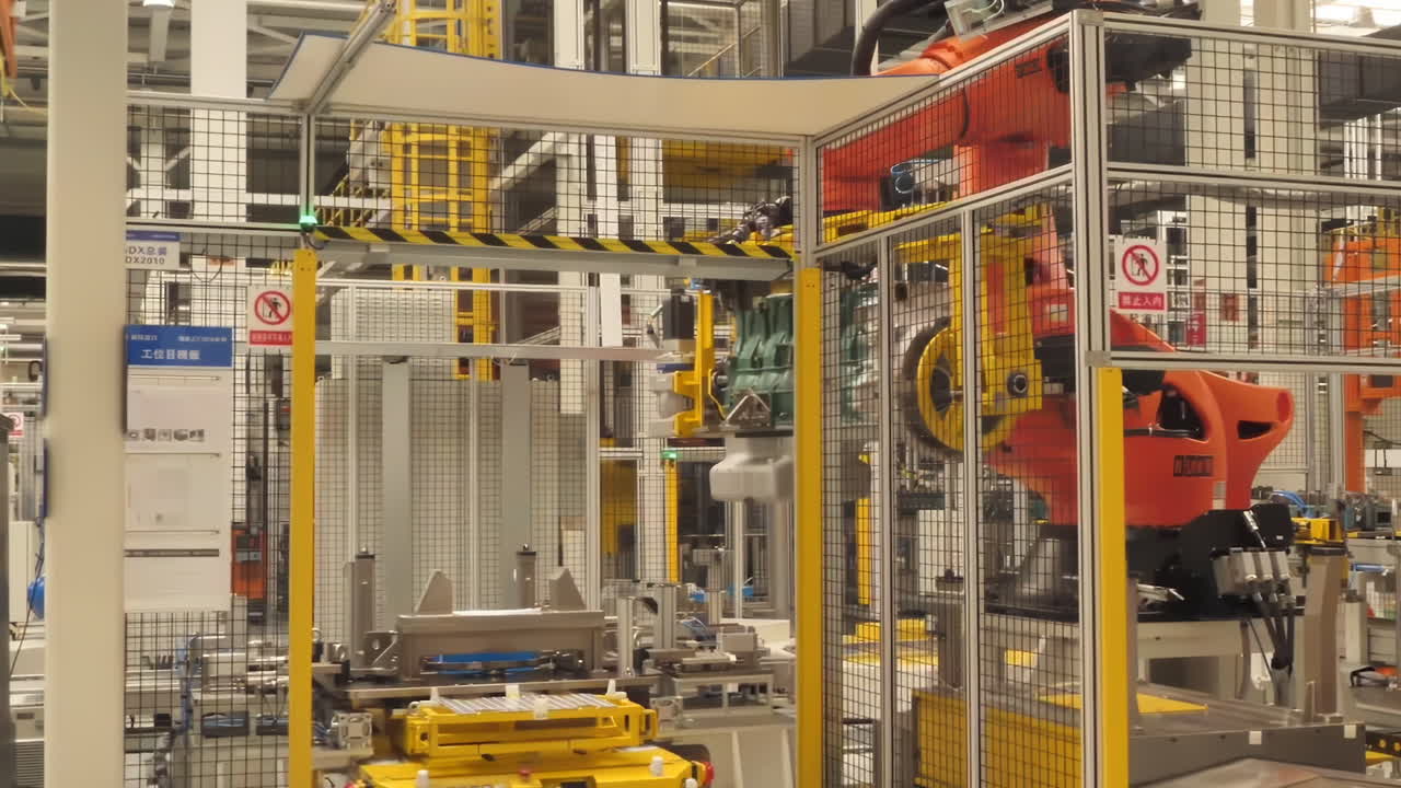 Workshop Industrial modern manufacturing facility robotic arms assemble truck chassis on automated assembly line in modern auto factory. Focused technicians work meticulously on car components