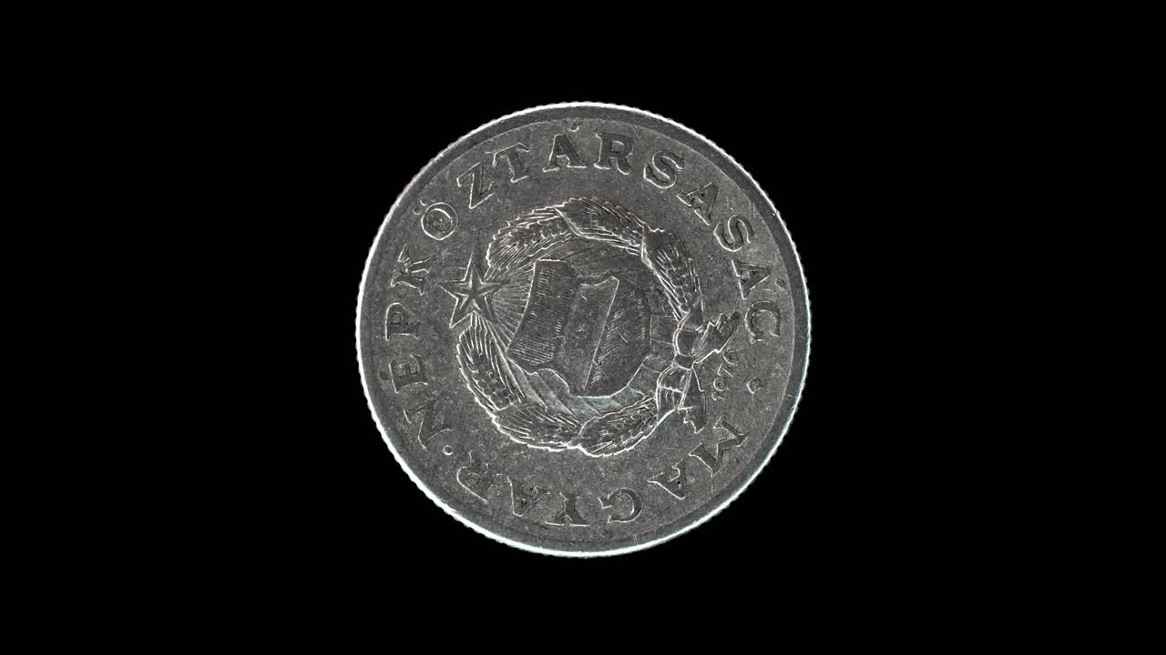 Hungary 1 forint 1976 obverse with socialist coat of arms, macro loop on black background
