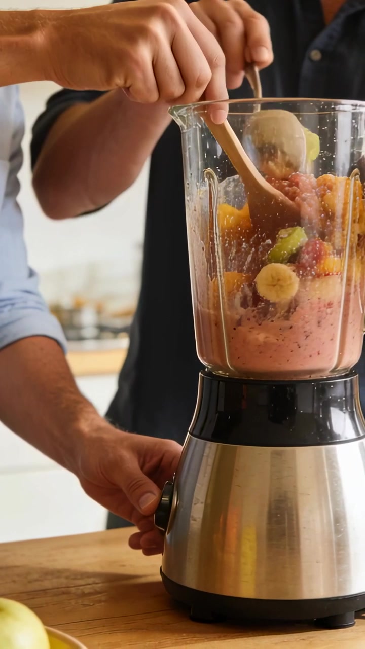 Video vertikal: Memutar tombol, dua orang dewasa mengaduk buah dalam blender dengan sendok di rumah, membuat minuman.