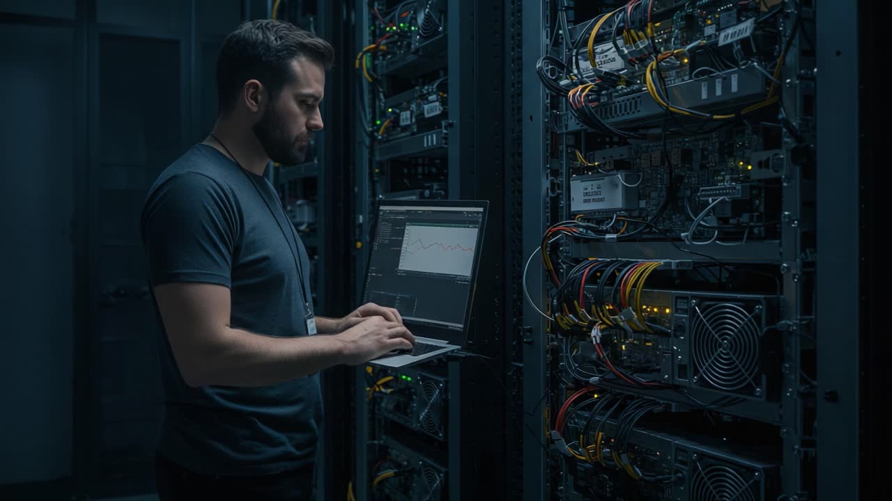 A dedicated technician monitors server performance in a dark server room, utilizing a laptop to analyze critical data and ensure optimal operations for computing systems