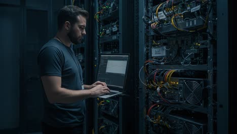 a dedicated technician monitors server performance in a dark server room, utilizing a laptop to analyze critical data and ensure optimal operations for computing systems