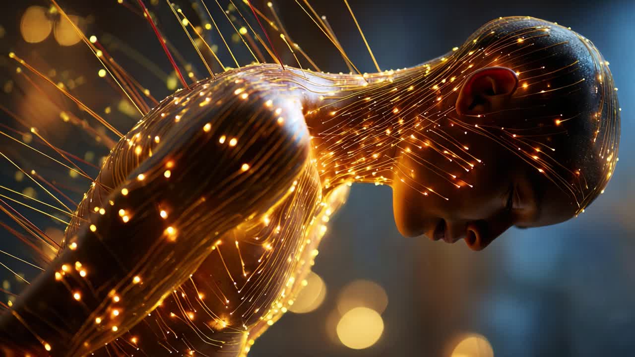 A captivating visual of a humanoid figure adorned with glowing strands of light, symbolizing the fusion of technology and humanity in a stunning display of digital artistry