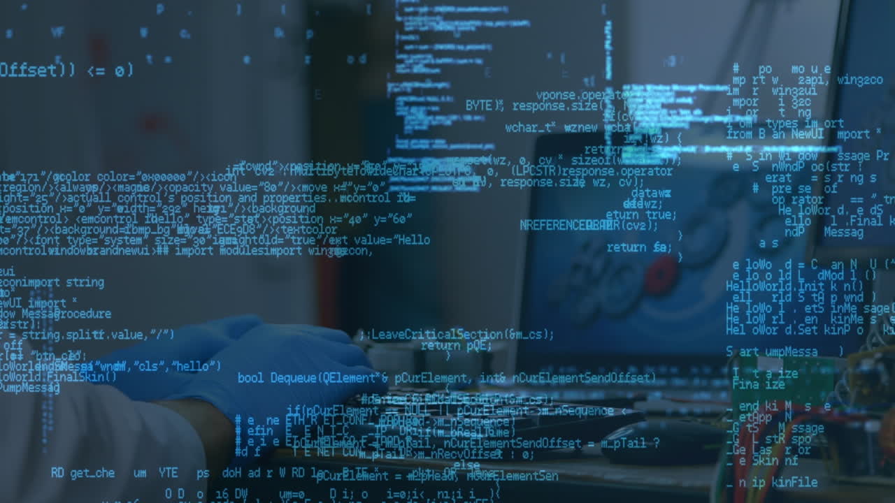 Animation of data processing over hands of caucasian male engineer with laptop