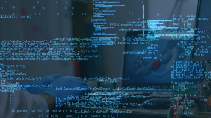 Animation of data processing over hands of caucasian male engineer with laptop