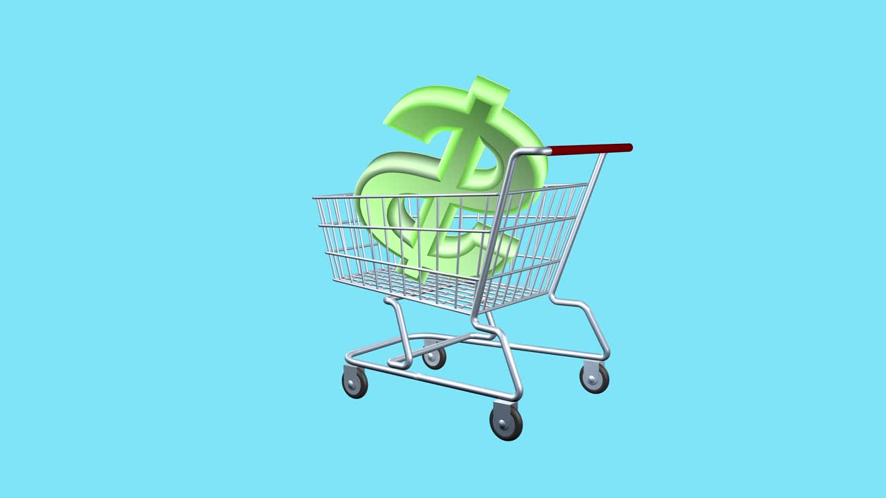 un signo de dólar virtual y un carrito de comestibles como un símbolo de comercio. animación de la venta y compra de moneda o dinero. pantalla aislada. animación iconos 3d. industria de negocios y comercio.