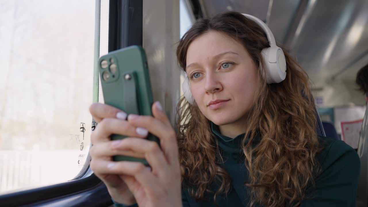 Woman travels by train listening to music in headphones