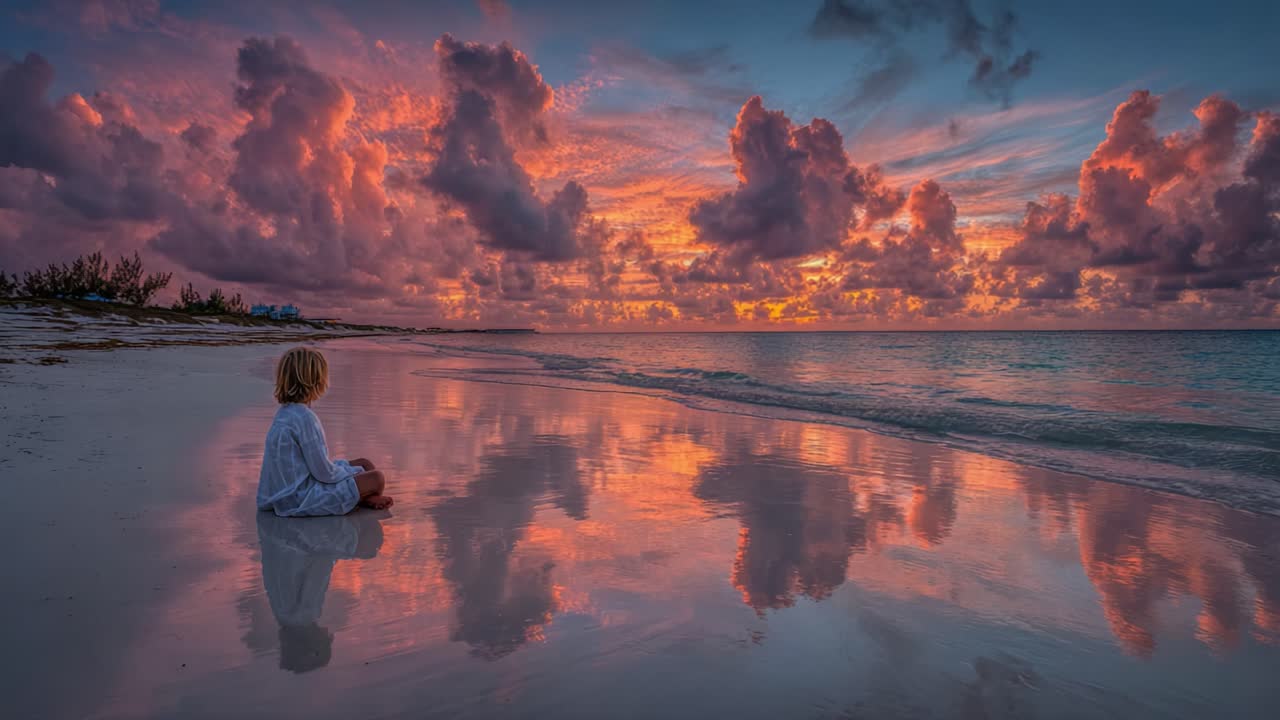 A Serene Evening by the Shore: Captivating Sunset Reflections on Water as a Child Sits in Awe Amidst the Colorful Clouds and Vibrant Sky