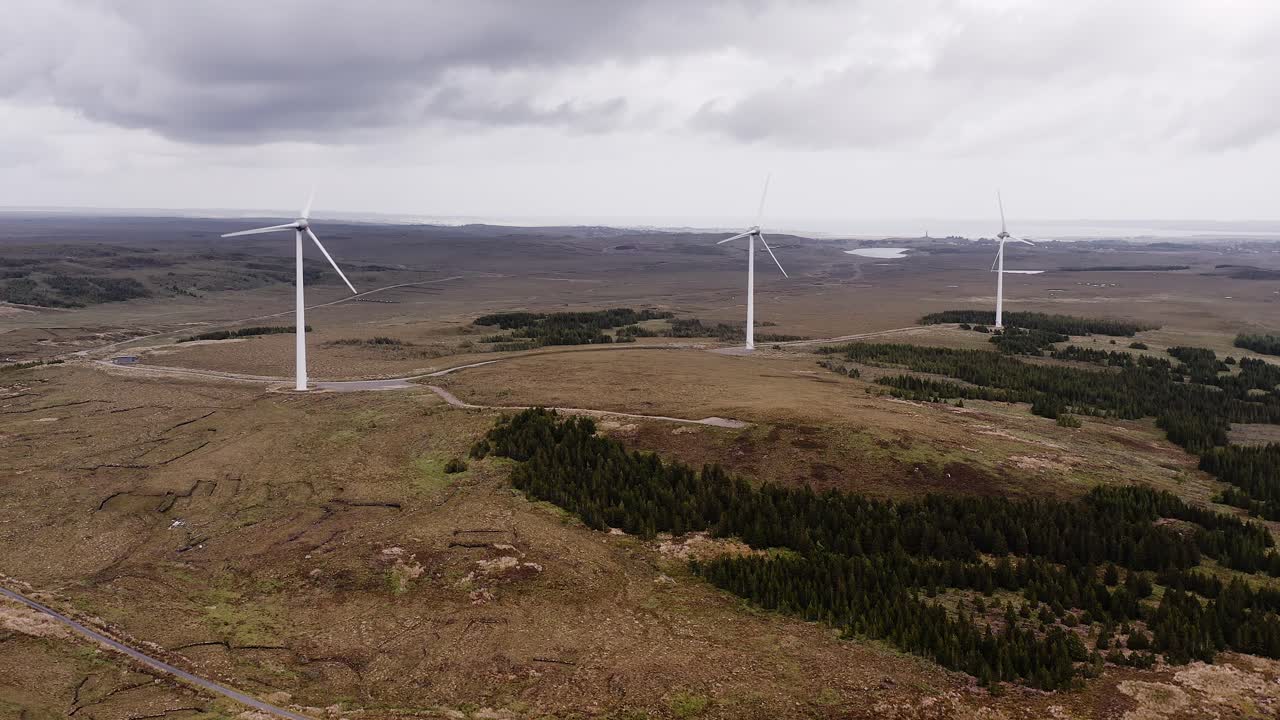Drone shot of three wind turbines near Stornoway on the Isle of Lewis