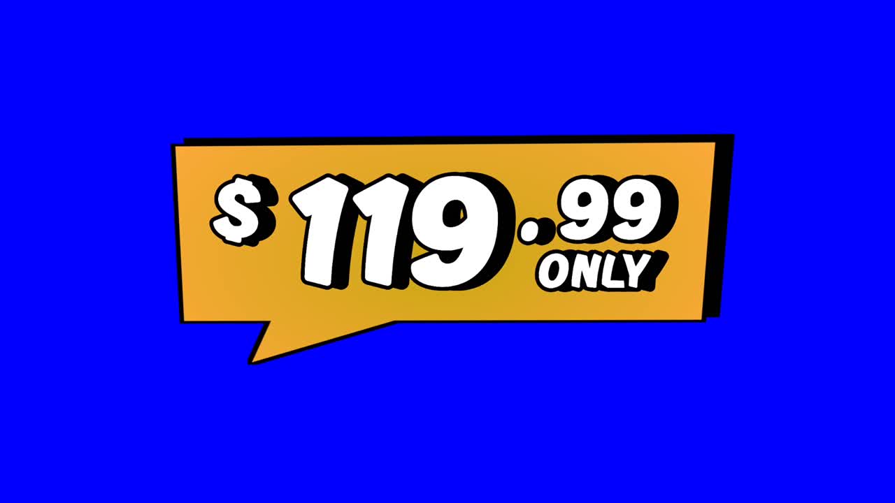 Animation $119.99 only price tag in orange speech bubble motion graphics on Blue screen background. Perfect for ads, e-commerce, retail, discounts, and promo videos business concept video element