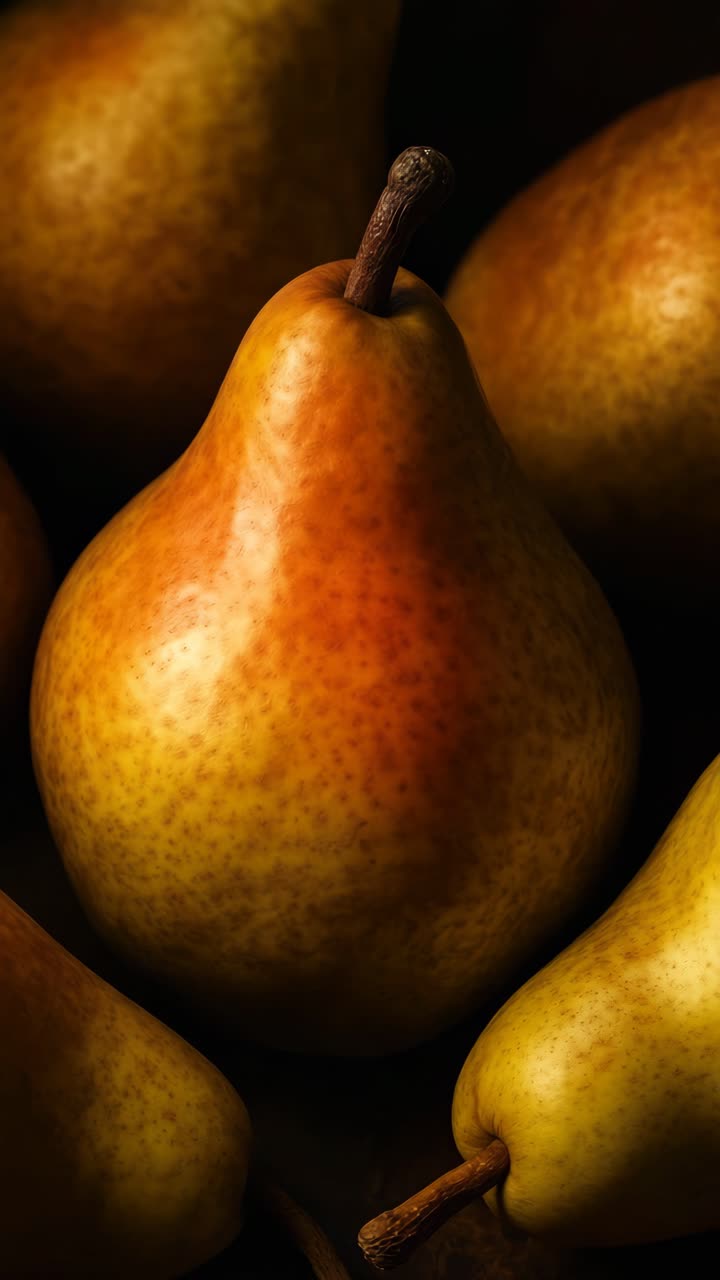 Close-up video shot of ripe pears with warm lighting. The camera angle captures the texture