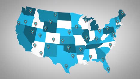 Über-Einer-Stilisierten-Blau-weißen-Karte-Der-Vereinigten-Staaten-Tauchen-Mehrere-Standortmarkierungen-Auf