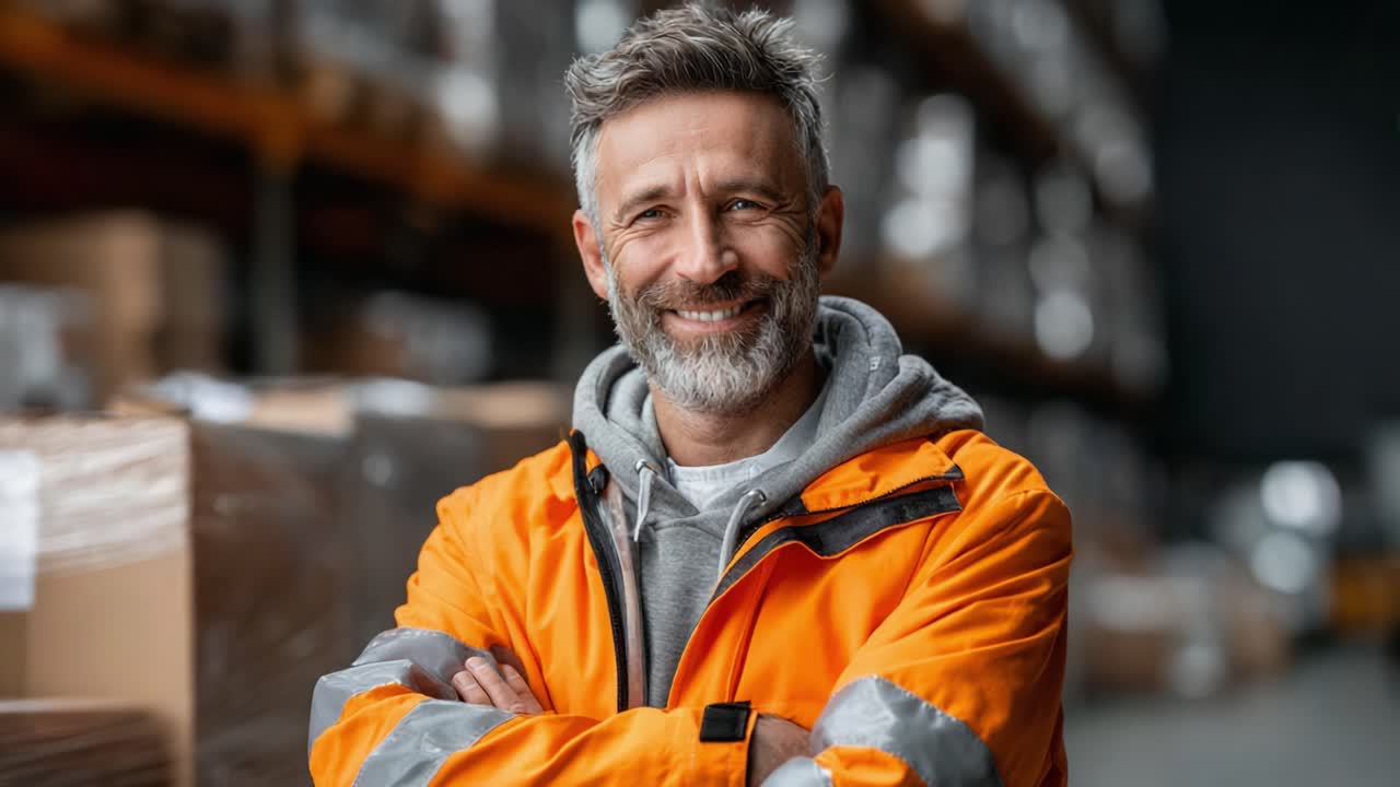 A Friendly Warehouse Worker Smiling Proudly in an Industrial Setting Amidst Packages, Showcasing Safety and Professionalism in the Workplace Environment