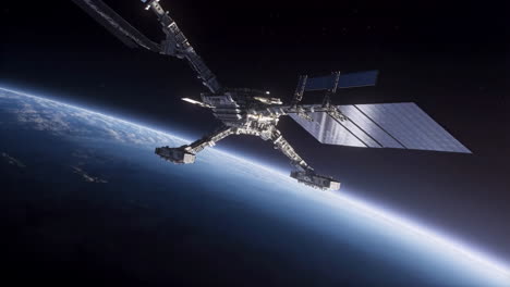 a futuristic space station orbiting earth with solar panels extended