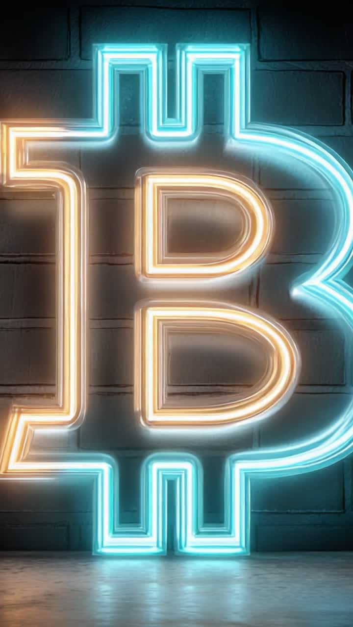 Un simbolo di Bitcoin illuminato da luci al neon: una vivace espressione della cultura delle criptovalute, illuminata da colori brillanti su uno sfondo scuro