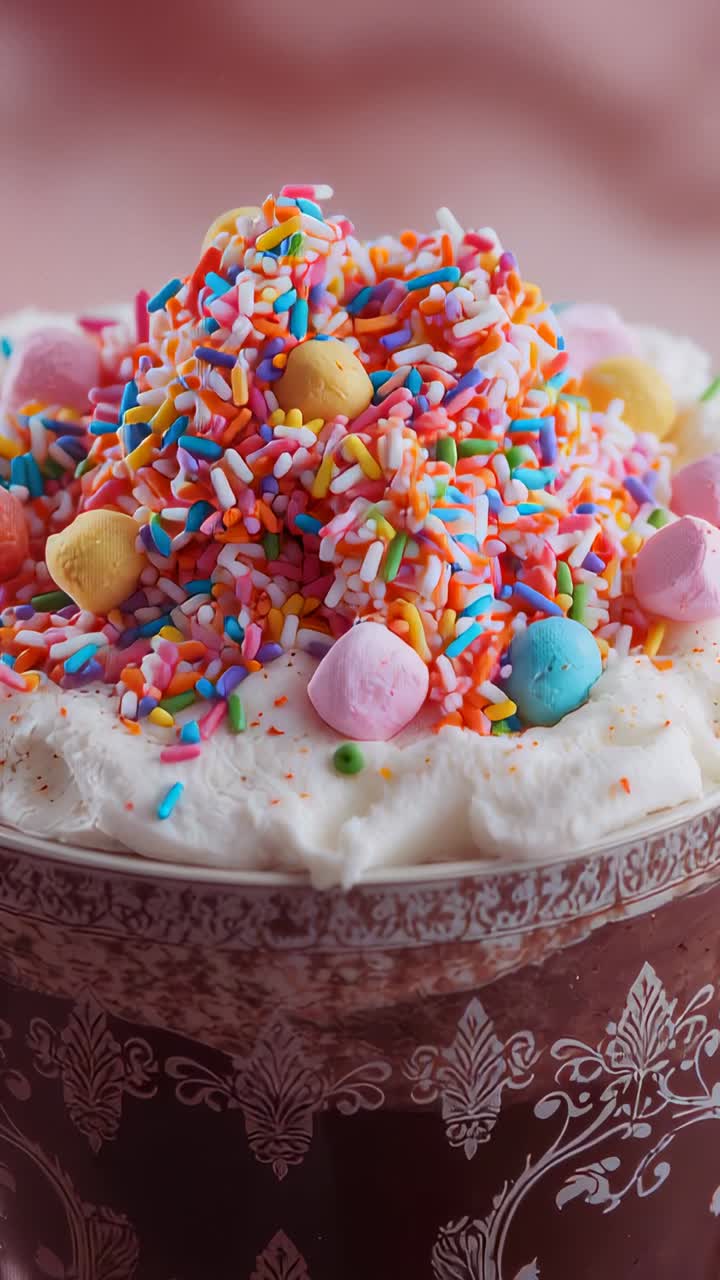 Vertical video: Opening shot showing mug of cocoa in kitchen, topped by whipped cream, marshmallows