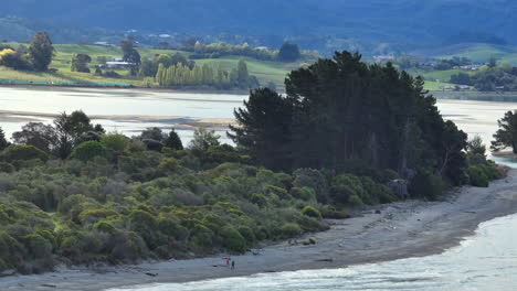 drone shot of two men walking along a beach in the tasman area of new zealand