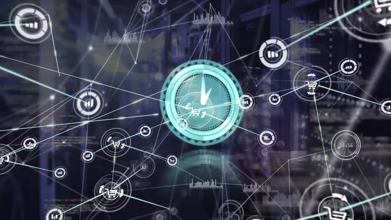 Animation of network of connection with icons and clock over server room