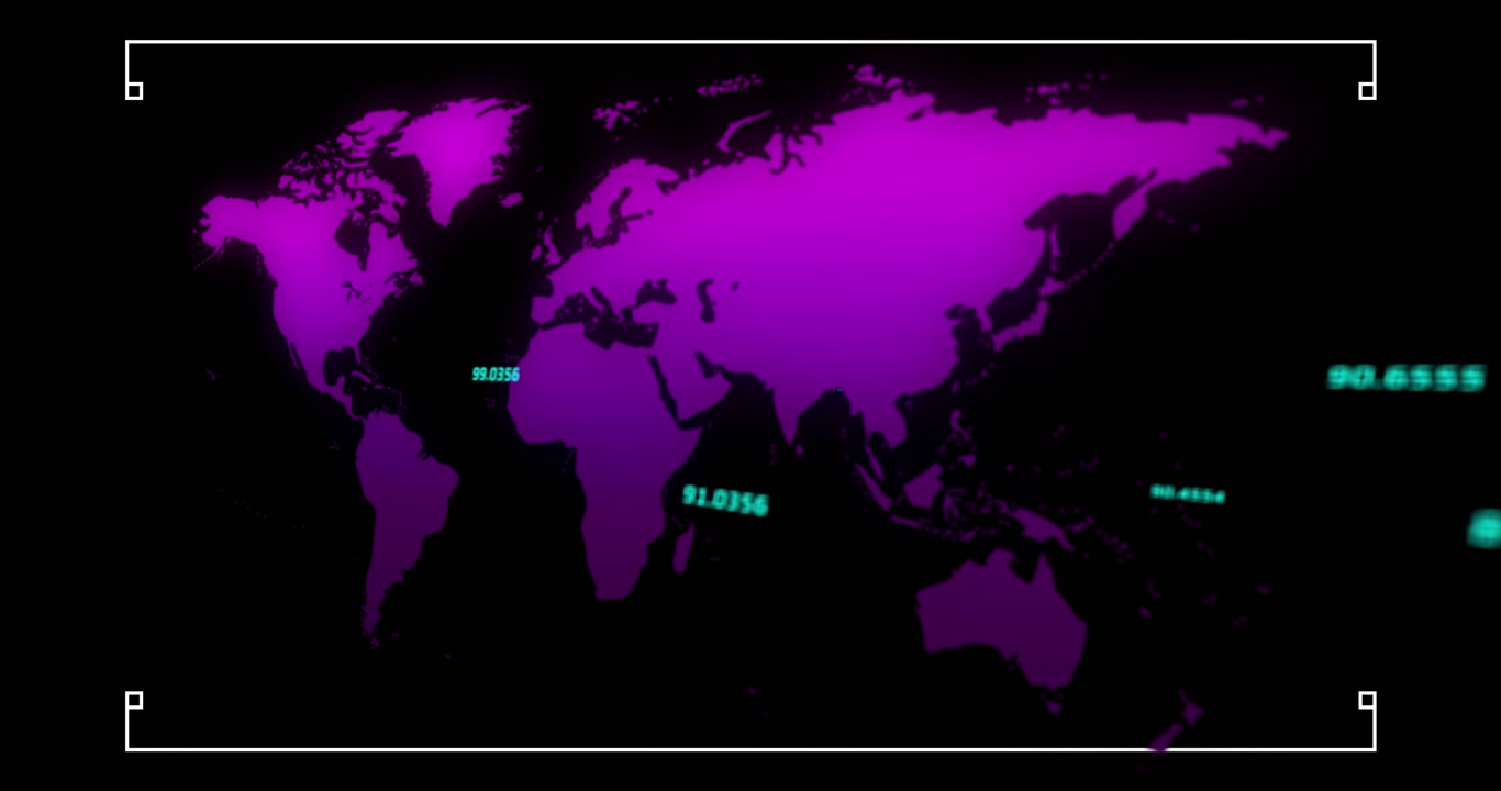 Animación de procesamiento de datos sobre mapa mundi en fondo negro