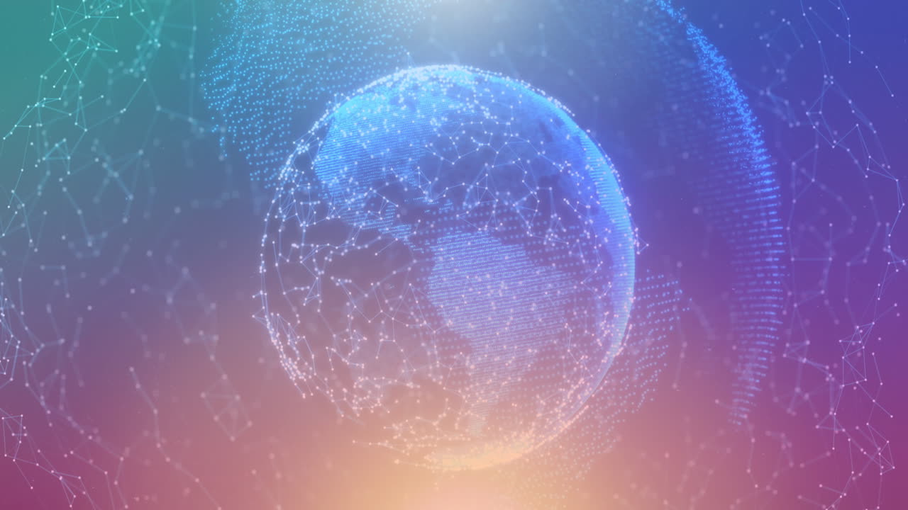 파란색에서 보라색 바탕에 연결의 네트워크와 함께 지구의 애니메이션