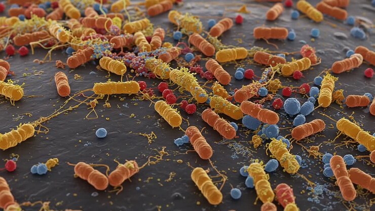 A Detailed Visualization of Microbial Community Dynamics as Seen Under High Magnification, Highlighting the Diverse Structures of Bacteria and Their Interactions