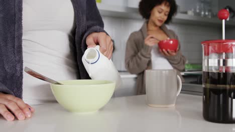 Lesbian-couple-preparing-breakfast-in-kitchen