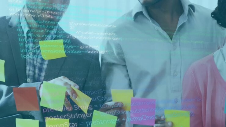 Animation of data processing over diverse business people in office