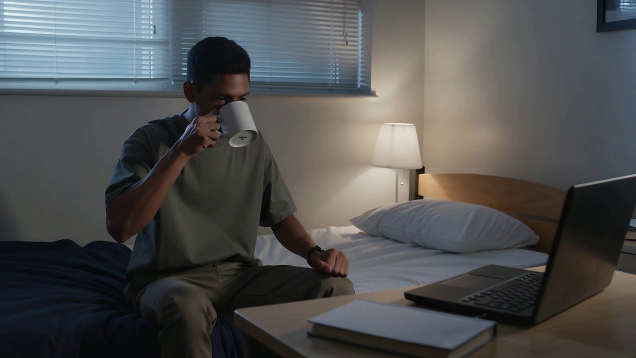 Man in olijfgroen shirt op bed, die een witte mok vasthoudt en optilt om te nippen terwijl hij zijn laptop bekijkt.